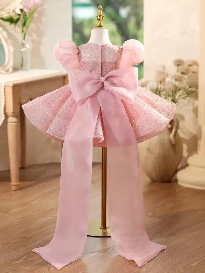 KLFLGD – robe à paillettes pour enfants, élégante, concours de beauté, manches bouffantes, fleur, ro