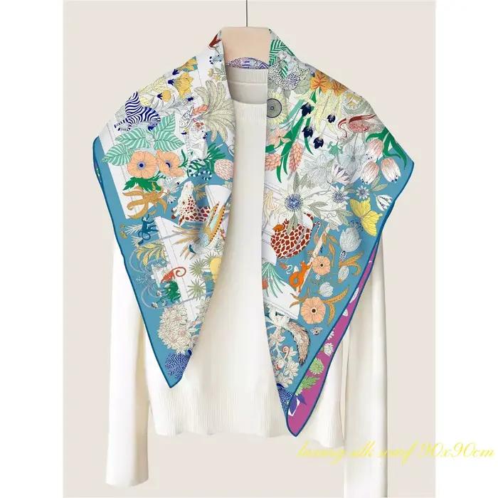 Grand Foulard Carré de Luxe à Bords Croisés pour Femme, Nouvelle Collection, Animal Paradis, Girafe,