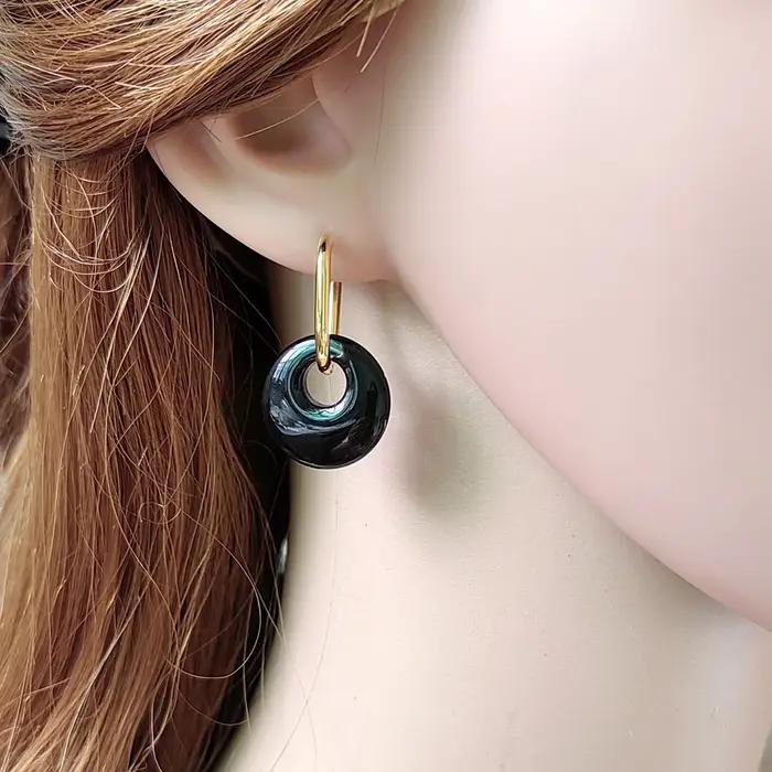 Boucles d'oreilles créoles en acier inoxydable et pierre naturelle pour femmes