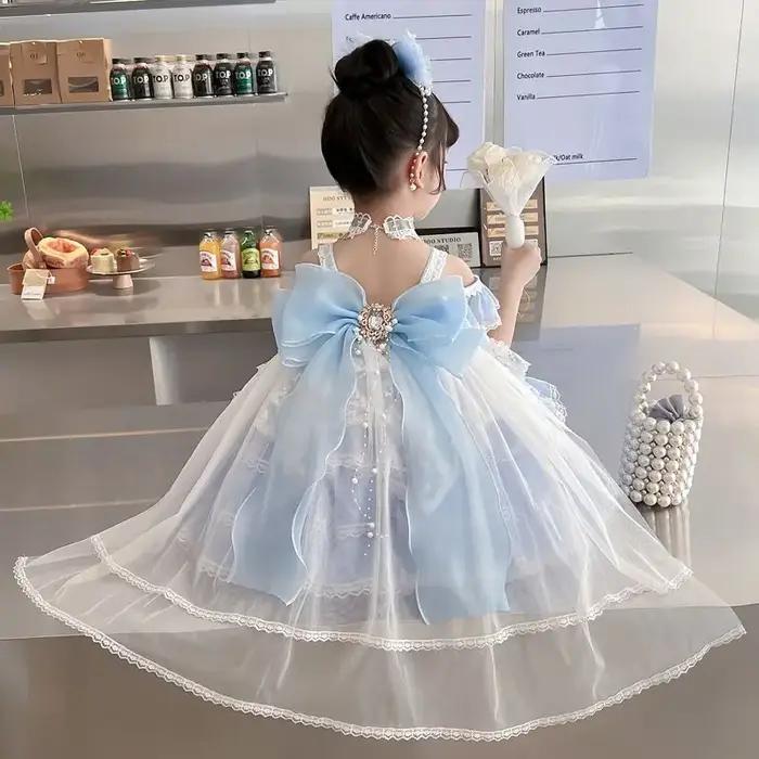 Robe d'été en dentelle pour petites filles, avec nœud bleu, brillante, princesse, robe de bal, gâtea