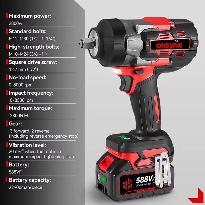 ONEVAN 8000 tr/min 2800N.M clé à chocs électrique sans brosse tournevis de réparation de voiture san