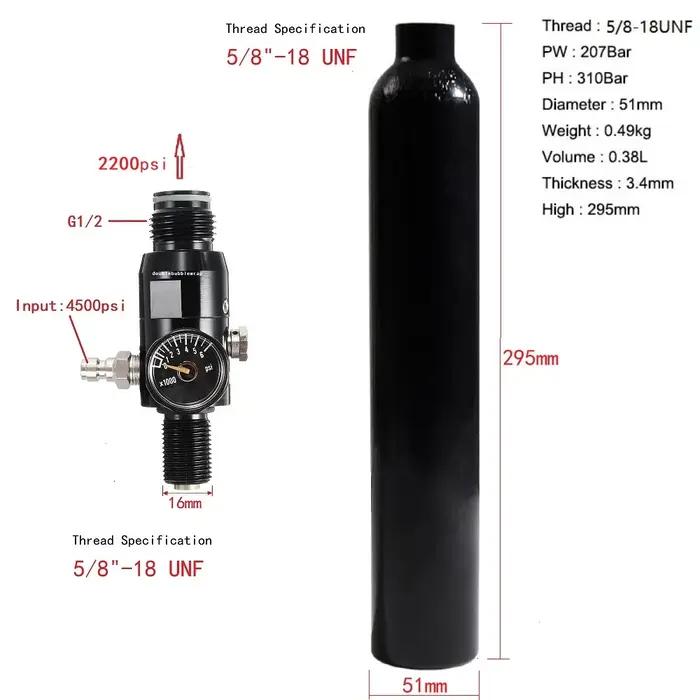 Bouteille d'Air ComTIFS HPA à Intervalles de CO2, en Aluminium Précieux, Valve Sochi, 0,38 L, 5/8-18