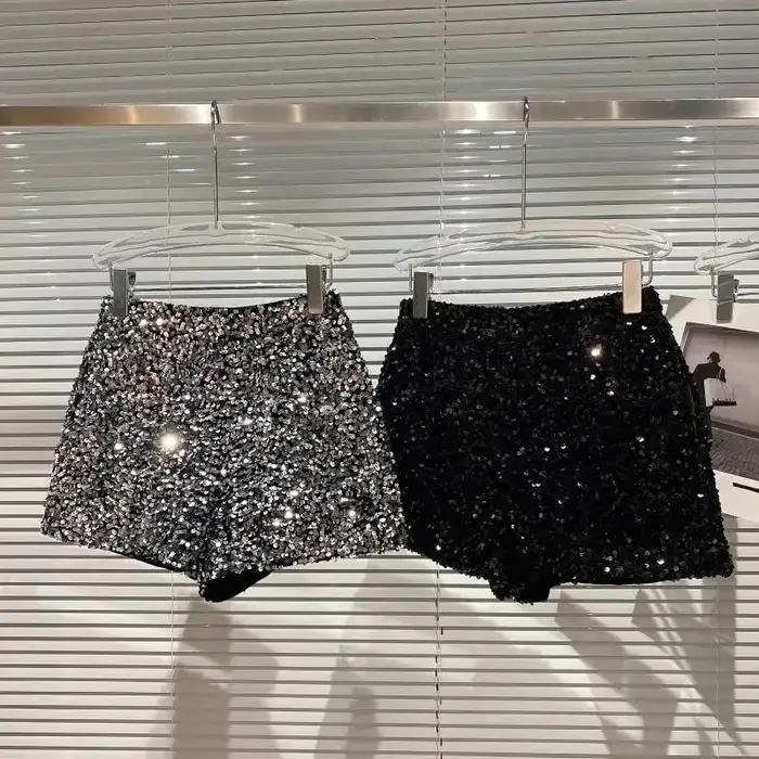 Short en Velours Noir pour Femme, Pantalon Court Polyvalent Brcorporelle à Paillettes, Nouvelle Coll