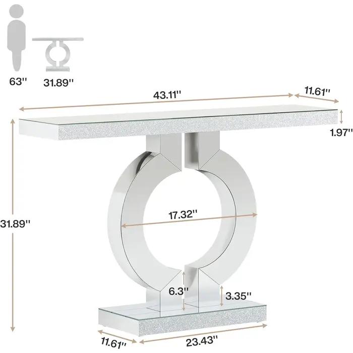 Table console en miroir avec base en forme de O, table d'entrée, table de canapé en verre avec finit