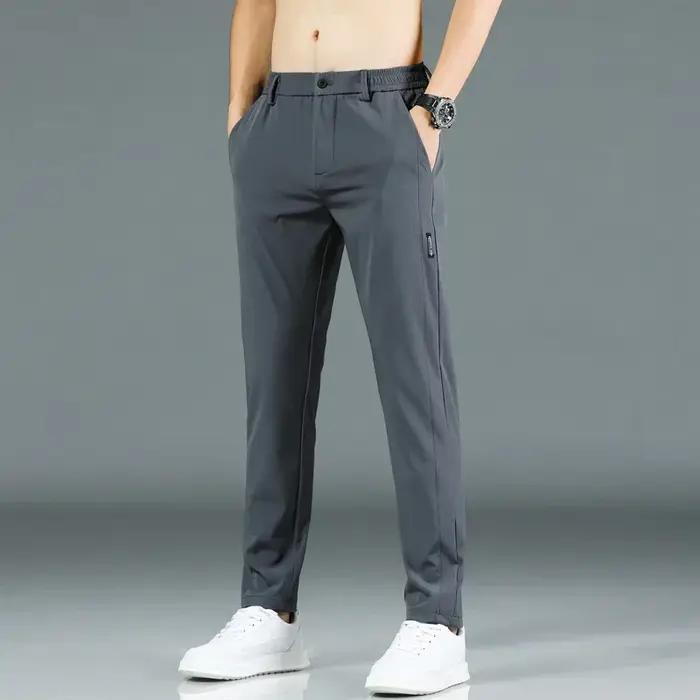 Pantalon fin en soie glacée pour hommes, extensible, décontracté, taille élastique, lisse, vêtements