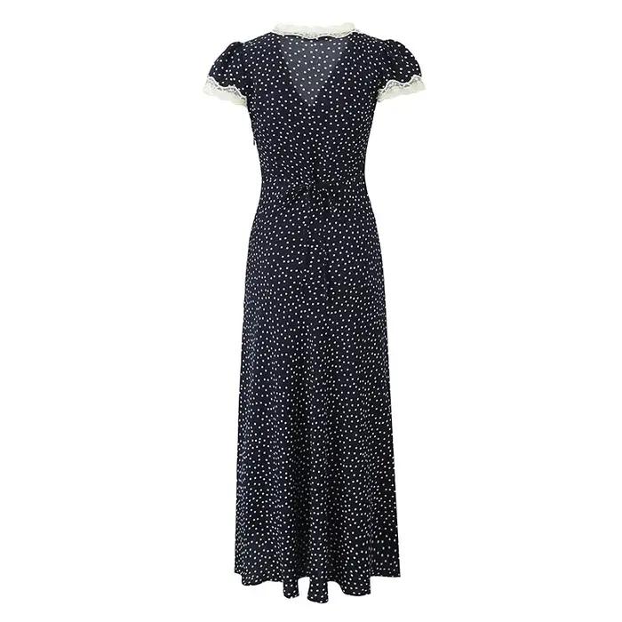 YENKYE-Robe longue bleu marine à pois pour femmes, bordure en dentelle, col en V, manches courtes, l
