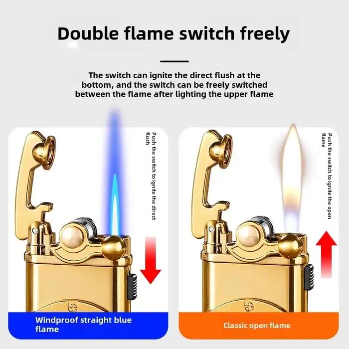 Briquet à Bras de Feu Double en Métal Coupe-Vent Gonflable Portable Cadeau Idéal pour Hommes Passant du Temps à l'Extérieur Occasions Spéciales