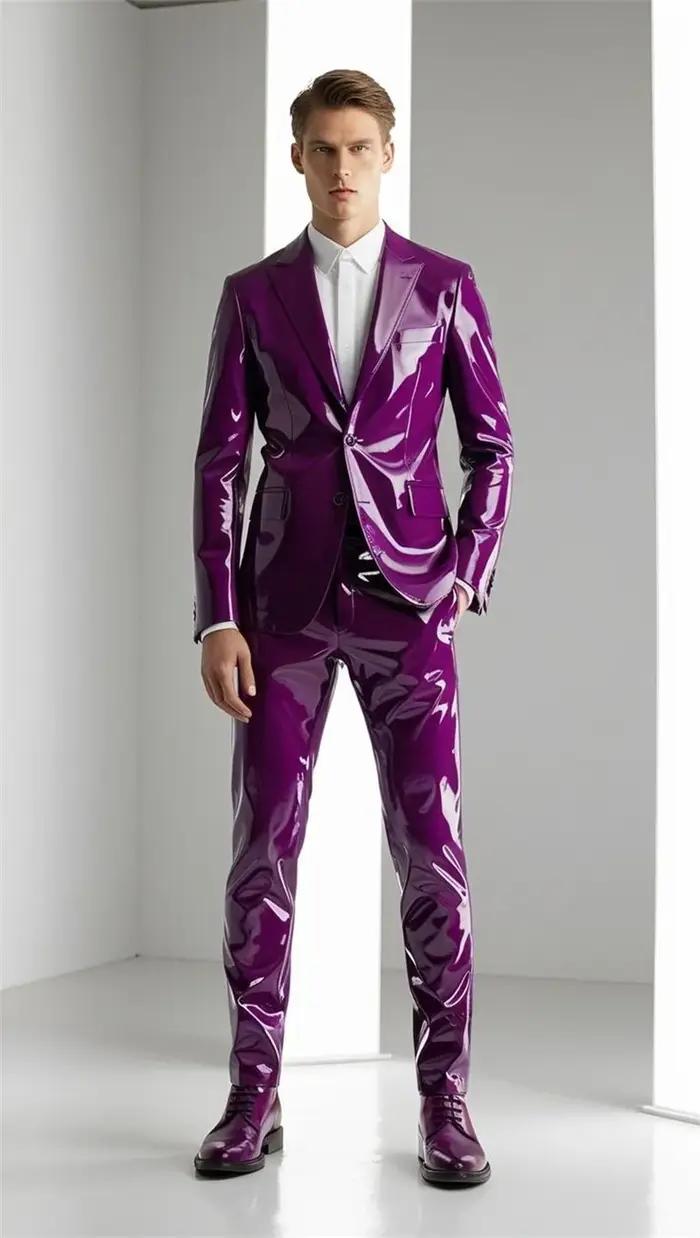 Ensemble de costumes en cuir PU brillant pour hommes, 2 pièces, Blazer + pantalon, smoking de mariag