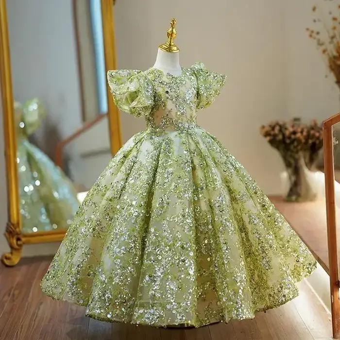 Robes de soirée pour enfants, robes de bal élégantes pour filles, manches à bulles, paillettes, robe