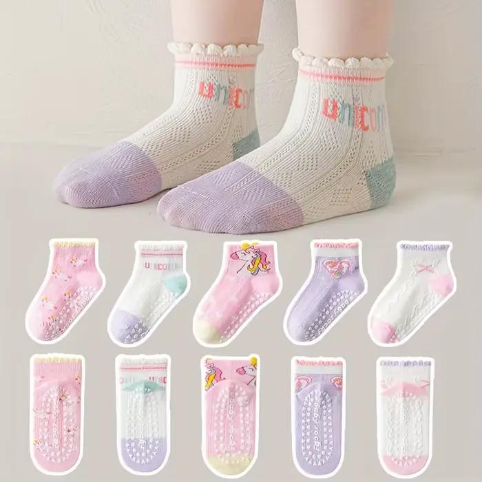 5 paires de chaussettes de sol pour enfants avec colle en dentelle, motif cœur licorne, garçons et f
