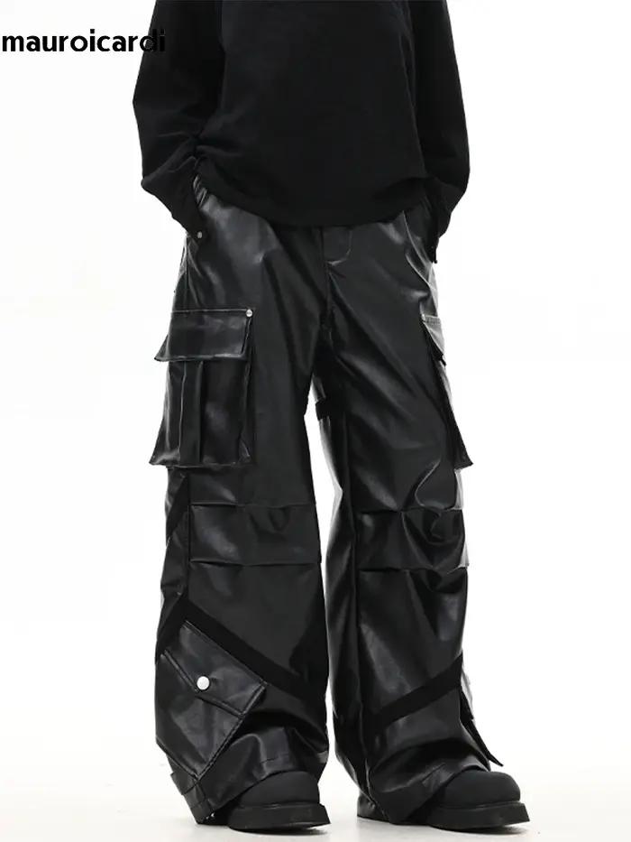 Mauroicardi-Pantalon Cargo en Cuir PU pour Homme, Baggy Noir, Jambes Larges, Poches Tridimensionnell