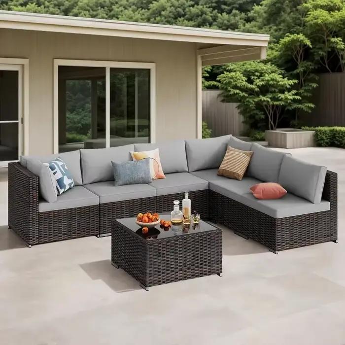 Ensemble de meubles de patio extérieur 7 pièces, ensemble de canapé sectionnel d'extérieur en rotin