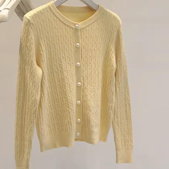 Élégant à manches longues tricots hauts femmes automne hiver simple boutonnage pull col rond épais c