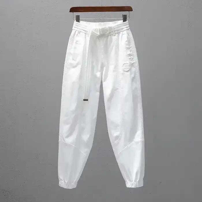 Pantalon blanc pour femmes avec ceinture élastique, jogging ample et décontracté, Leggings longueur