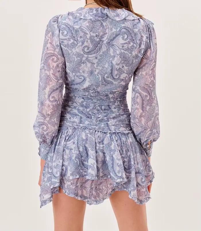 Mini Robe en mousseline de soie à imprimé Floral bleu pour femmes, 2022, oreilles en bois, volants,