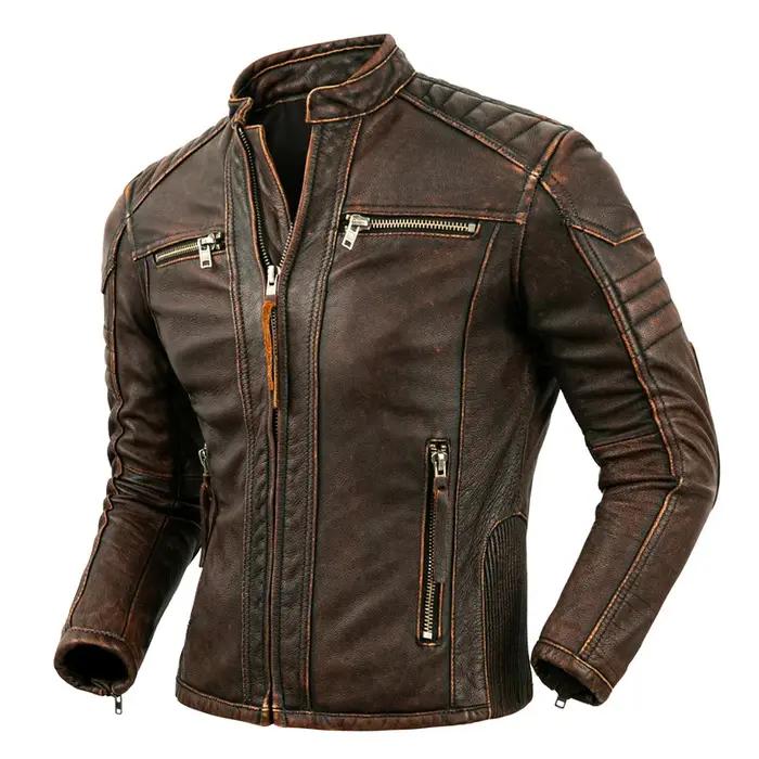 Veste de moto à col montant en cuir de vachette naturel pour hommes, vêtements de motard, marron rét