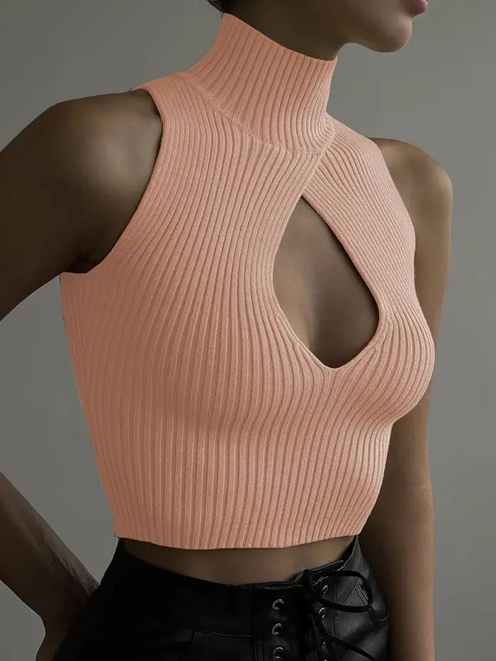 Cryptographic – haut court tricoté sans manches pour femmes, élégant, Sexy, découpé, à la mode, déba