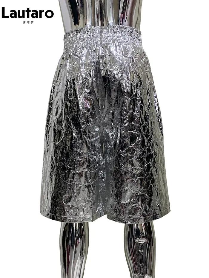 Lautaro été automne brillant argent Faux cuir Shorts pour hommes avec taille haute élastique Y2K Str