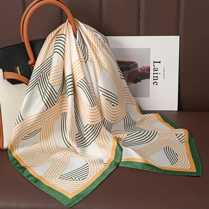 Foulard carré en Satin de soie imprimé de luxe pour femmes, châle Hijab, ruban pour cheveux, bandeau