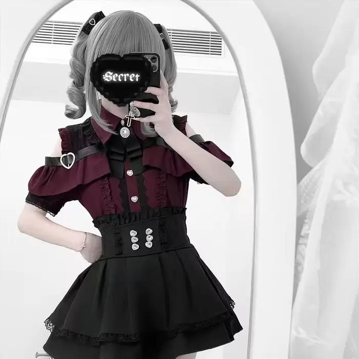 Ensemble Lolita de Type sol en forme de cœur doux foncé, haut à manches à volants et jupe trapèze, j