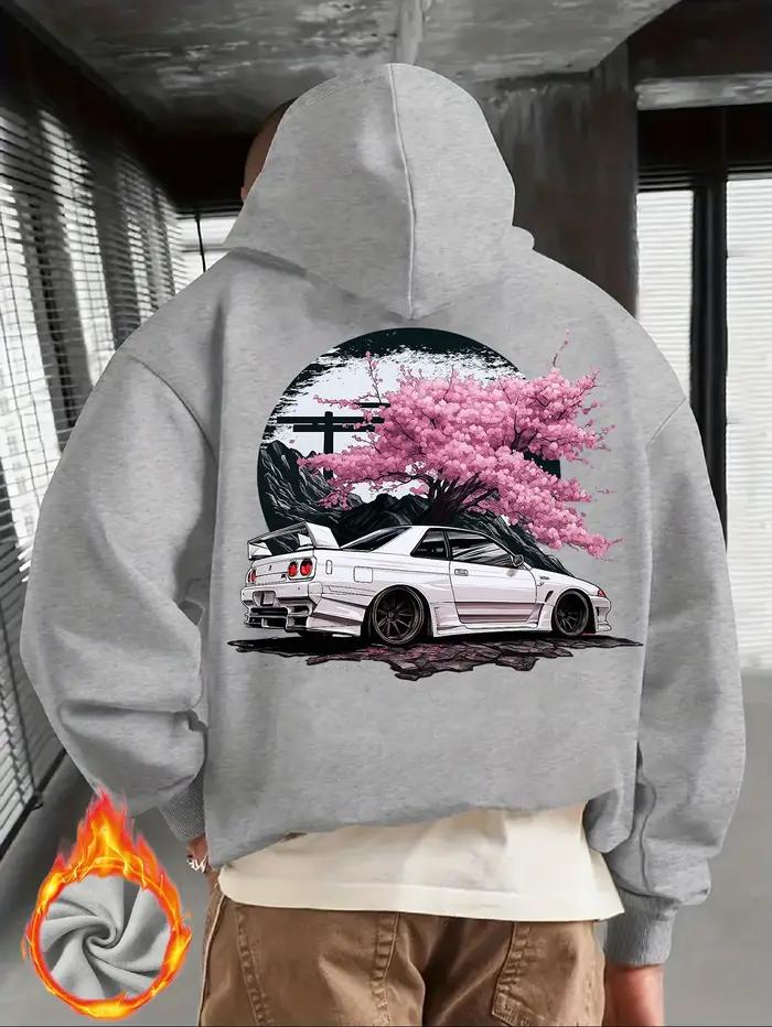 Sweat à capuche noir pour hommes avec voiture JDM blanche et imprimé dos de fleur de cerisier rose,