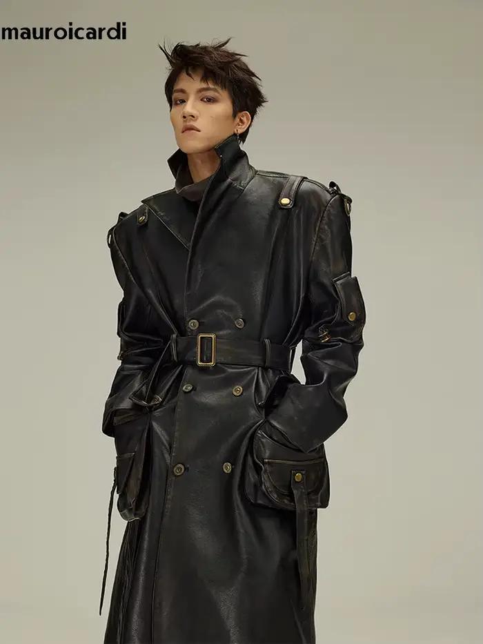 Mauroicardi-Manteau Long en Cuir Pu Noir pour Homme, Ceinture Double Boutonnage, Luxe, Mode Européen