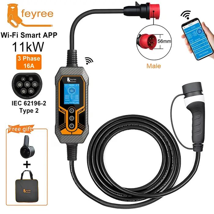 Feyree – chargeur EV Portable Type 2, 11kw, 16a, 3 phases, application Wi-Fi, Version Bluetooth, câb