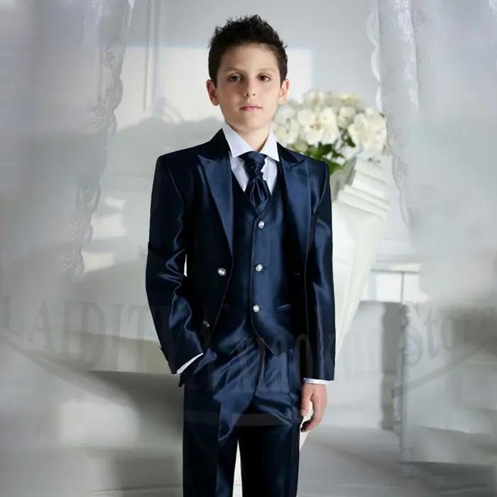 Costume 3 pièces en satin bleu marine pour garçons – Tenue de cérémonie, mariage, bal de promo, soir