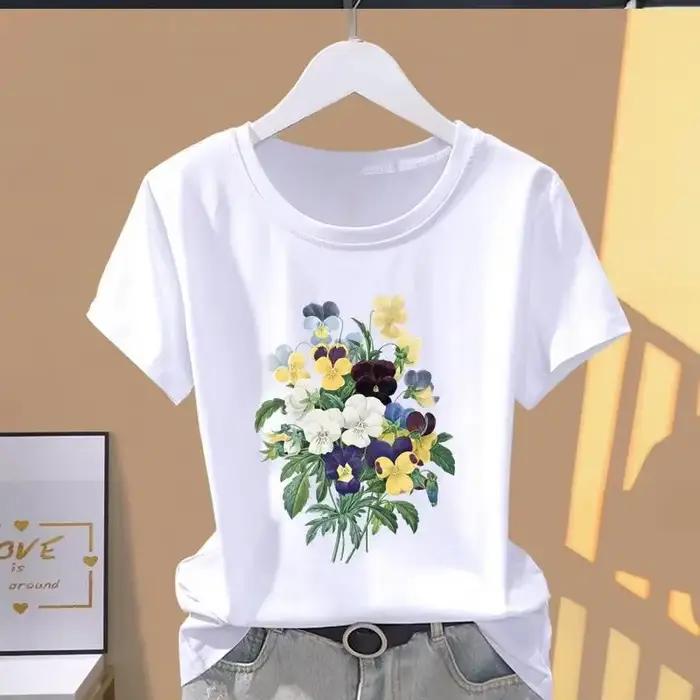 T-shirt manches courtes femme, décontracté, avec impression florale, à la mode, VPN, graphique