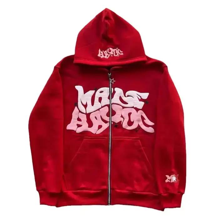 Sweat-shirt à capuche imprimé avec lettres américaines rétro pour homme, cardigan ouvert unisexe pou
