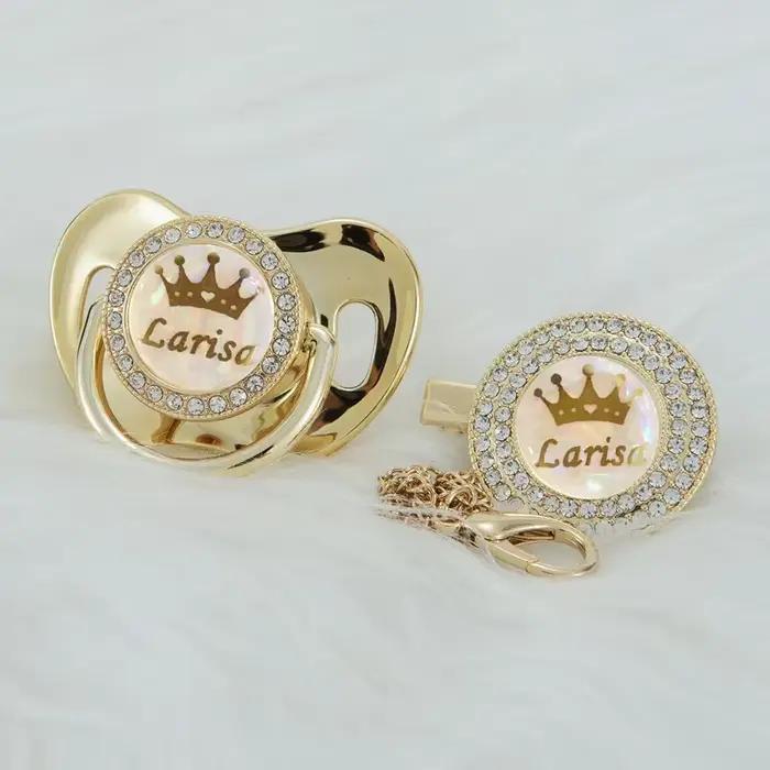 MIYOCAR-Ensemble de sucette et attache-tétine avec couronne en or rose scintillant, nom personnalisé