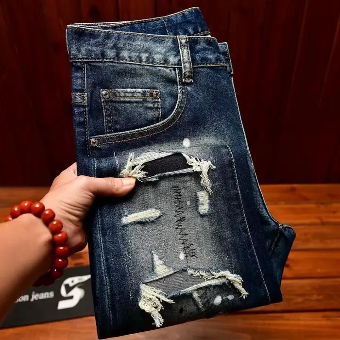 Jean nostalgique haut de gamme pour hommes, coupe slim avec petits trous, patchs grattés, tendance d