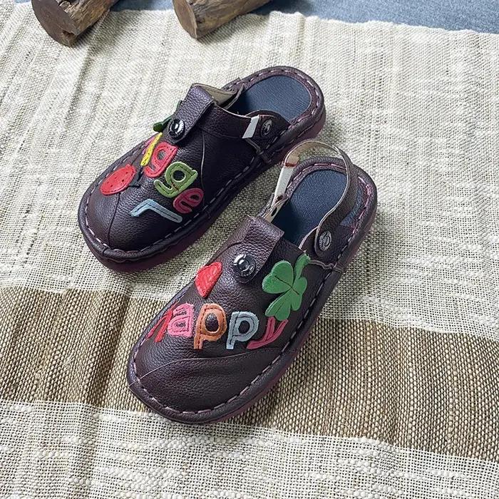 Careaymade-Pantoufles paresseuses cousues à la main pour femmes, cuir véritable, style ethnique, car