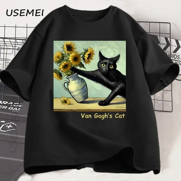 Van Gogh's chat Art impression T-shirt drôle Graphci t-shirts coton à la mode été ample à manches co