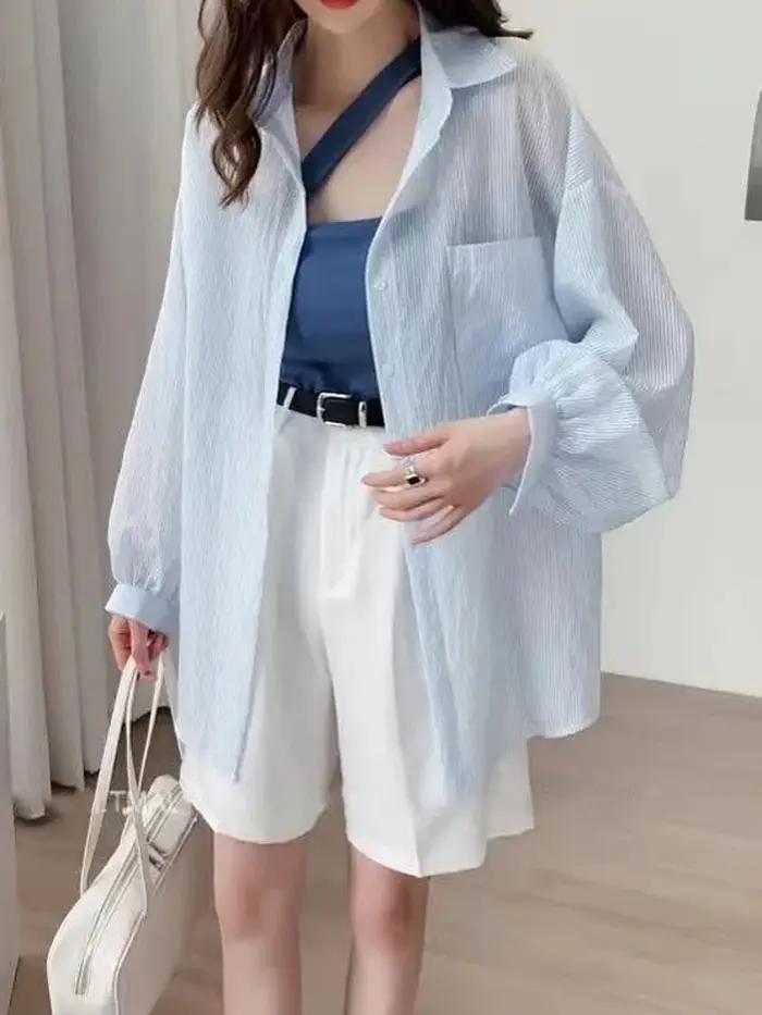 Jmprs coréen Sexy femmes Transparent rayé chemise surdimensionné ample à manches longues coréen rési