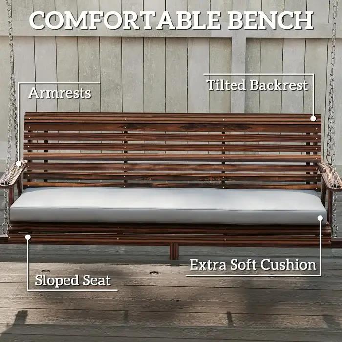 Balançoire de véranda 3 places avec support, chaise de patio en bois avec coussin, plateaux latéraux