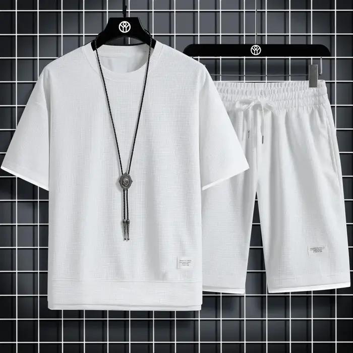 Ensemble de sport d'été pour hommes, T-Shirt + Short décontracté, couleur unie gaufrée, Short à manc