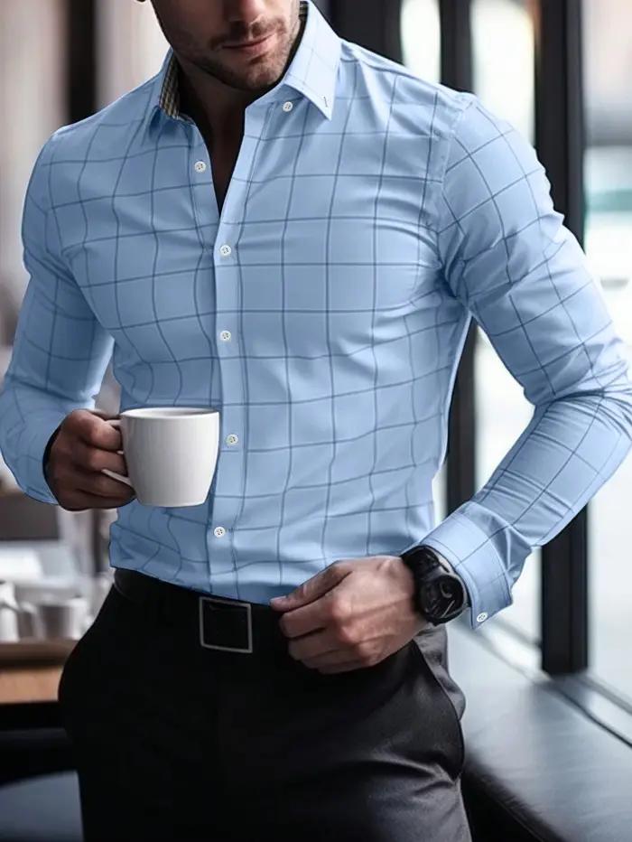 Chemise à carreaux de couleur unie pour hommes chemise boutonnée à manches longues affaires décontra