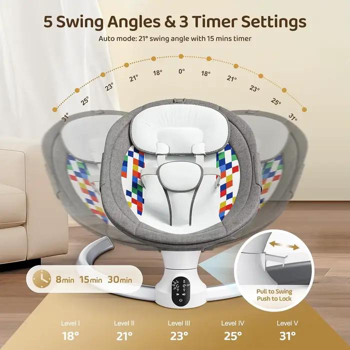 Balançoire électrique grise pour bébé, chaise longue avec télécommande et application de style comma