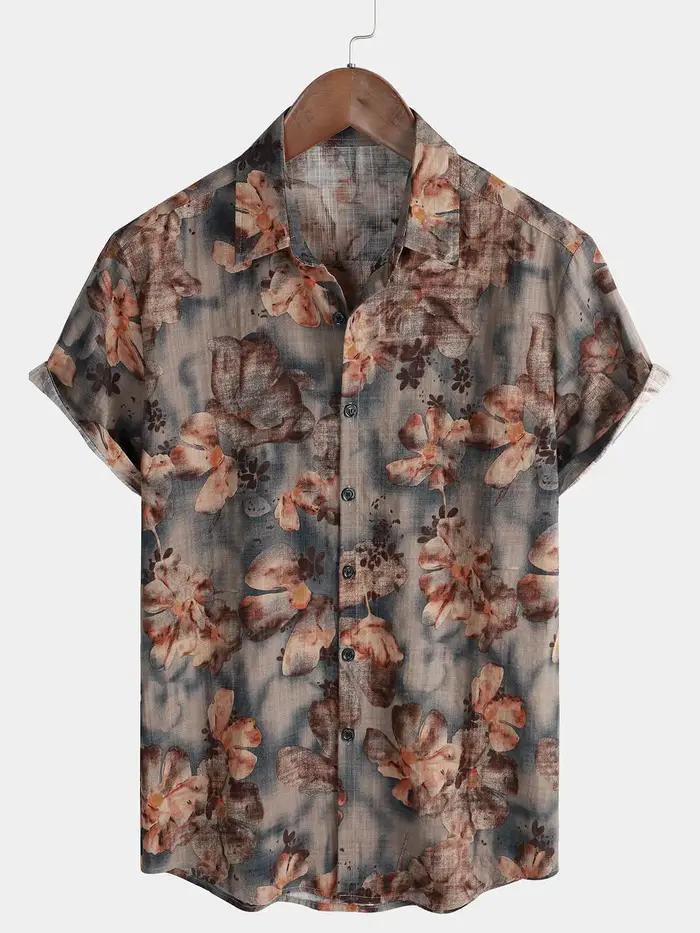 Chemise à manches courtes à imprimé floral rétro pour hommes chemise décontractée à revers simple bo