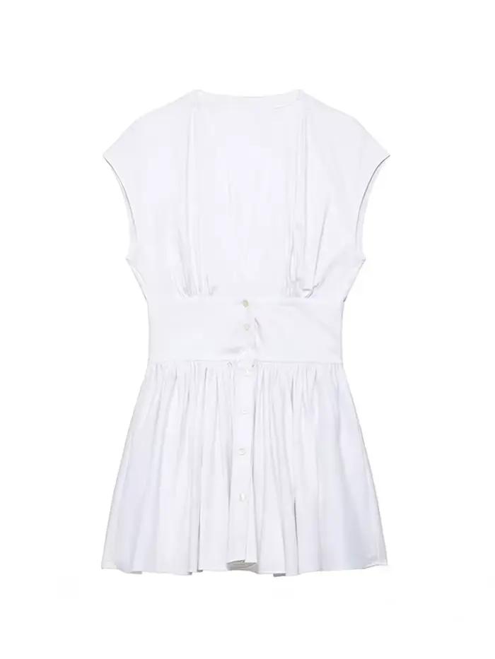 TFMLN Robe Courte Chemise Tendance pour Femme, Coupe Slim Décontractée, Manches Courtes, Col en V, B