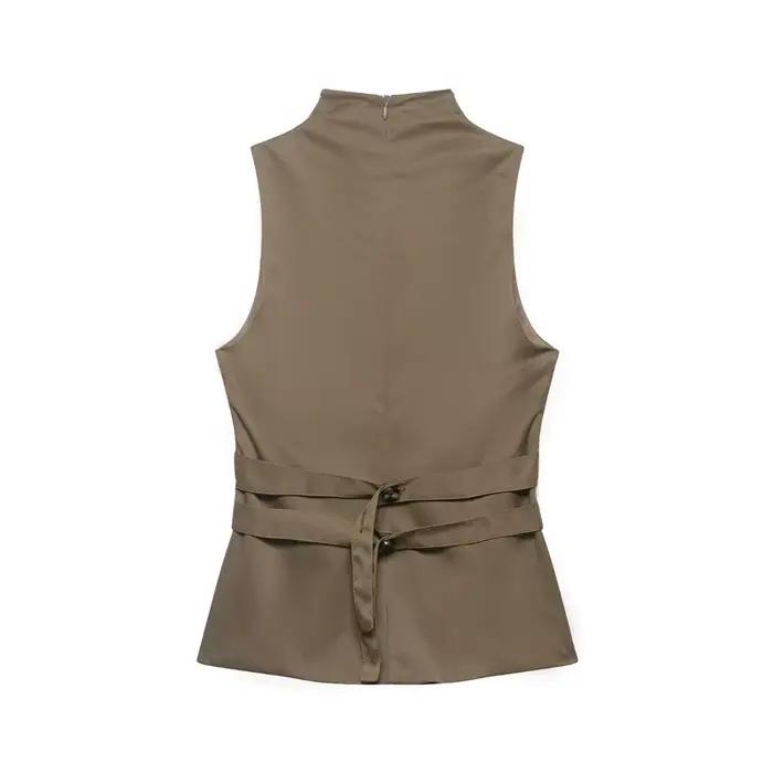 Gilet décontracté pour femme, bicolore, à double boutonnage, col montant, sans manches, cintré à la