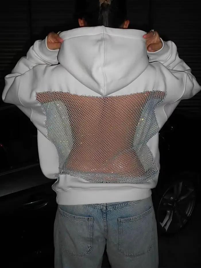 Sisterlinda sweat à capuche Harajuku femmes automne tendance dos nu brillant maille Patchwork décont