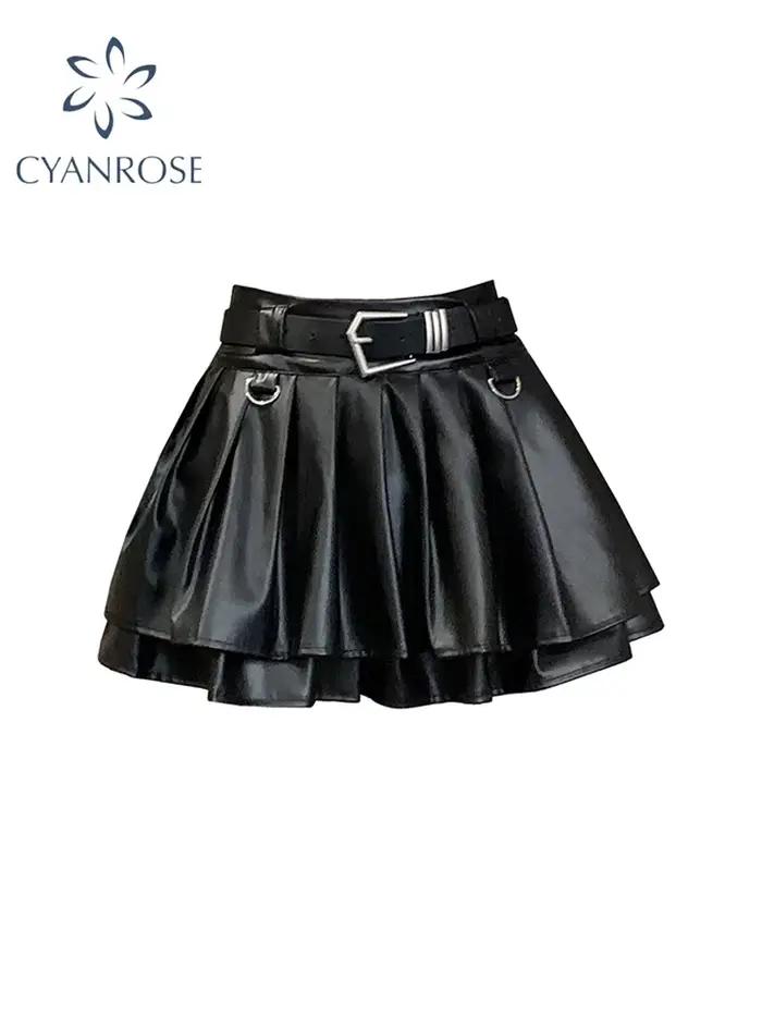 Jupe trapèze en cuir noir pour femme, vintage, esthétique, plissée, Harajuku, coréen, gothique, Mini