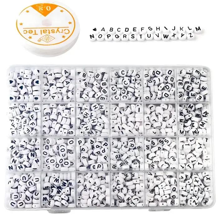 1200 pièces de perles rondes avec lettres pour la fabrication de bijoux, avec ligne de cristal, Kits