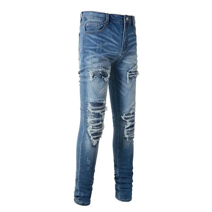 Jean de motard en Denim Stretch pour hommes, pantalon déchiré classique, bleu plissé, Patchwork, Str