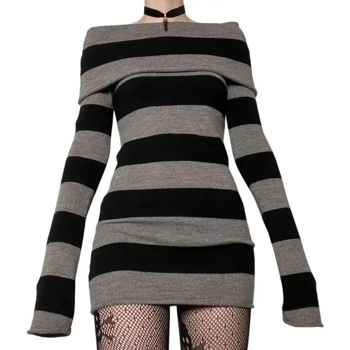 Mini robe moulante rayée pour femmes, col bateau, épaules dénudées, manches longues, courte, envelop