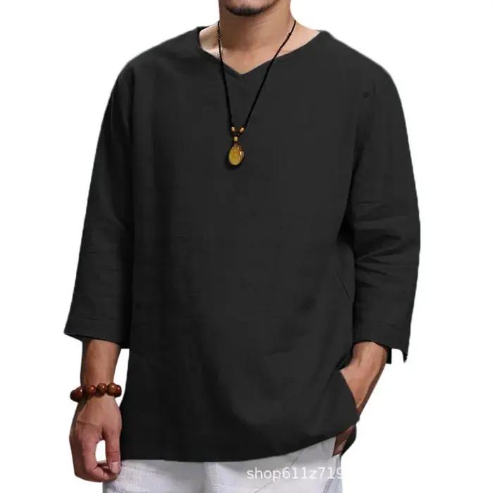 Chemise pull ample à manches 3/4 pour hommes, couleur unie, décontractée, grande taille, nouvelle co
