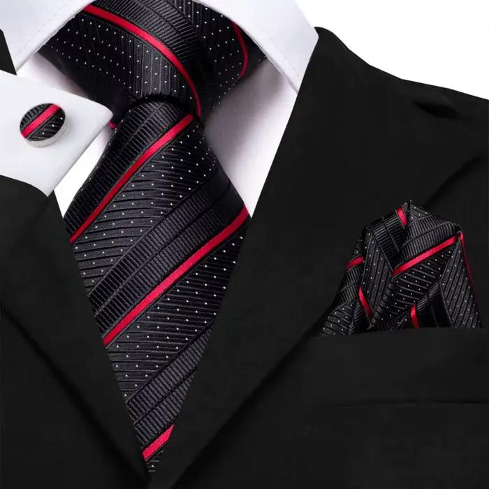 Cravate de mariage rayée noire et rouge pour homme, avec pochette de costume et boutons de manchette