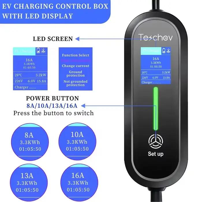 Chargeur EV portable Teschev 220V 230V Wallbox 16A Type1 j1772 Câble de charge Type2 Cordon IEC62196